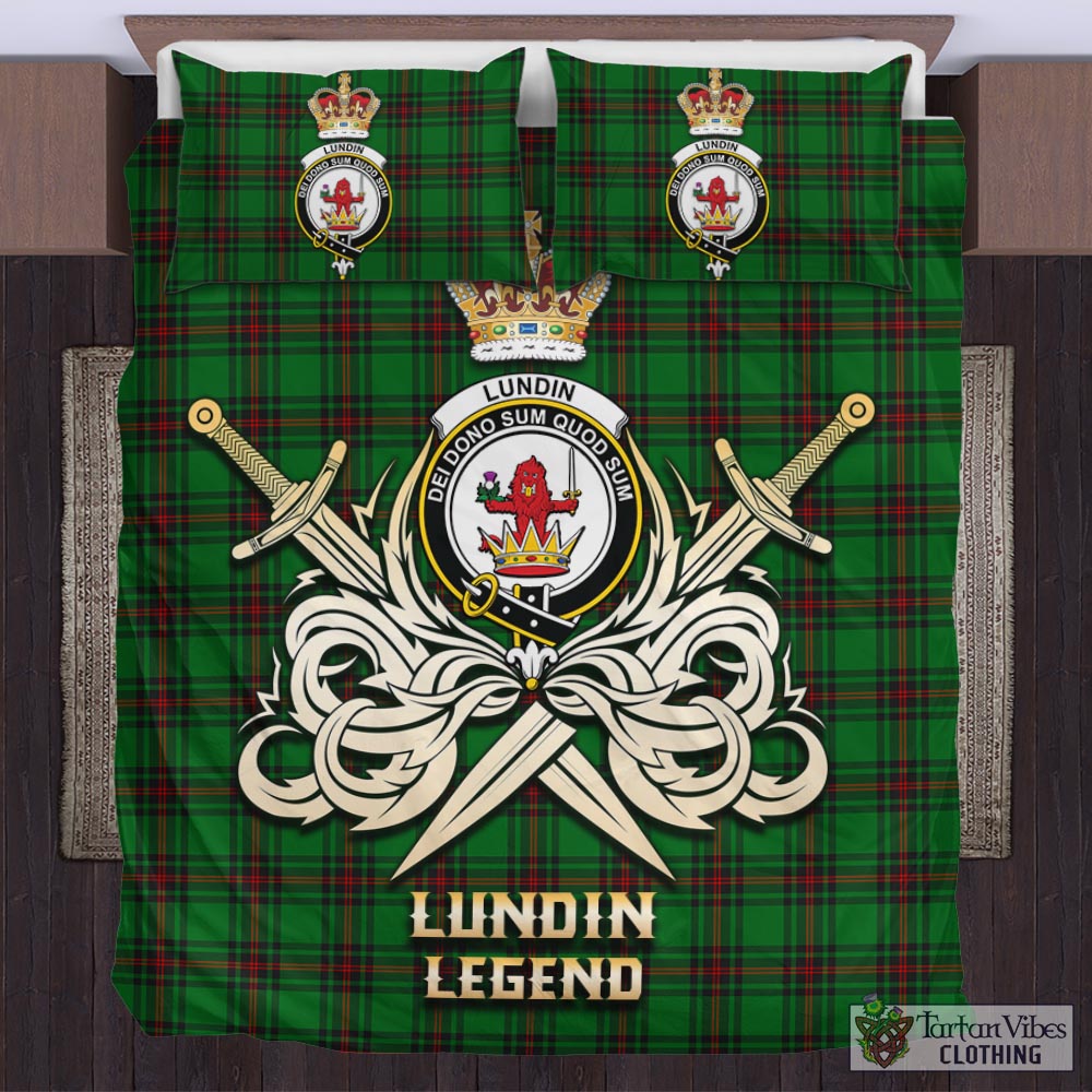 Tartan Vibes Clothing Lundin Tartan Bedding Set with Clan Crest and the Golden Sword of Courageous Legacy