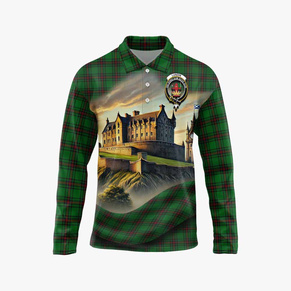 Lundin Tartan Family Crest Long Sleeve Polo Shirt with Scottish Ancient Castle Style Unisex - Tartan Vibes Clothing