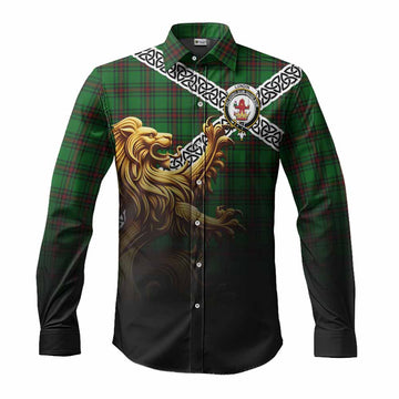 Lundin Crest Tartan Long Sleeve Button Shirt with Golden Lion Emblem Celtic Style Men's Shirt S - Tartan Vibes Clothing