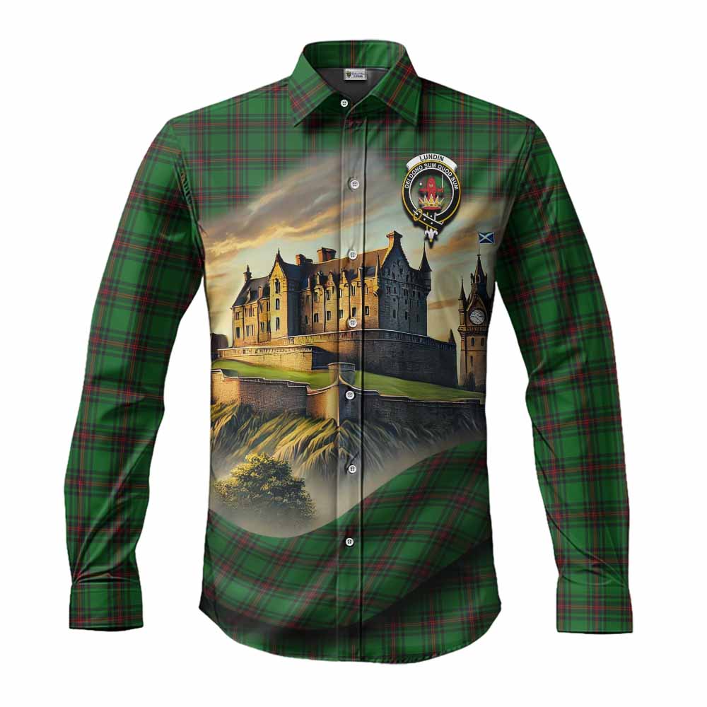 Tartan Vibes Clothing Lundin Tartan Family Crest Long Sleeve Button Shirt with Scottish Ancient Castle Style