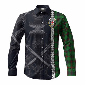 Tartan Vibes Clothing Lundin Tartan Long Sleeve Button Shirt with Family Crest Cross Sword Thistle Celtic Vibes