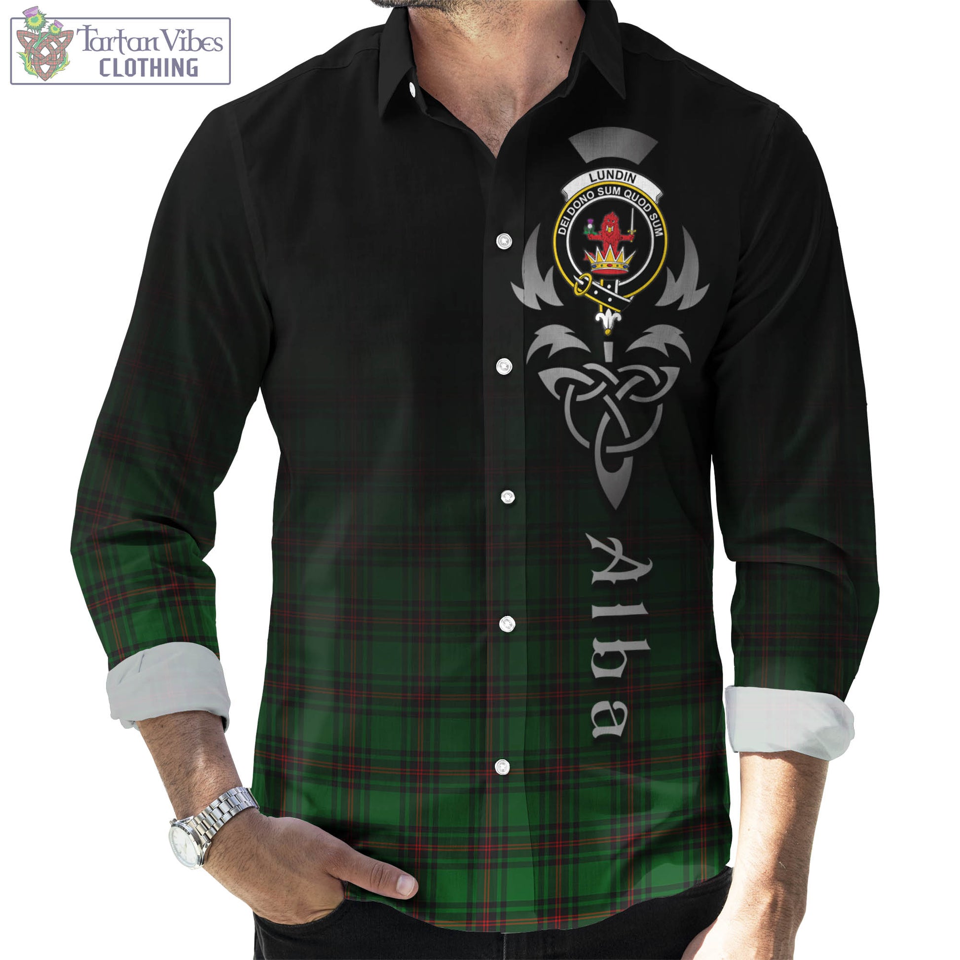 Lundin Tartan Long Sleeve Button Up Featuring Alba Gu Brath Family Crest Celtic Inspired Men's Shirt - Tartan Vibes Clothing