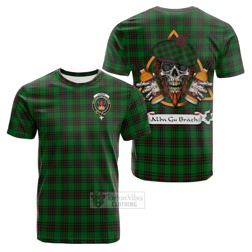 Tartan Vibes Clothing Lundin Tartan Cotton T-shirt with Family Crest and Bearded Skull Holding Bottles of Whiskey