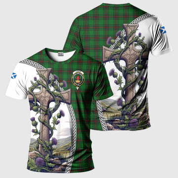 Tartan Vibes Clothing Lundin Agnew Tartan T-Shirt with Family Crest and St. Andrew's Cross Accented by Thistle Vines