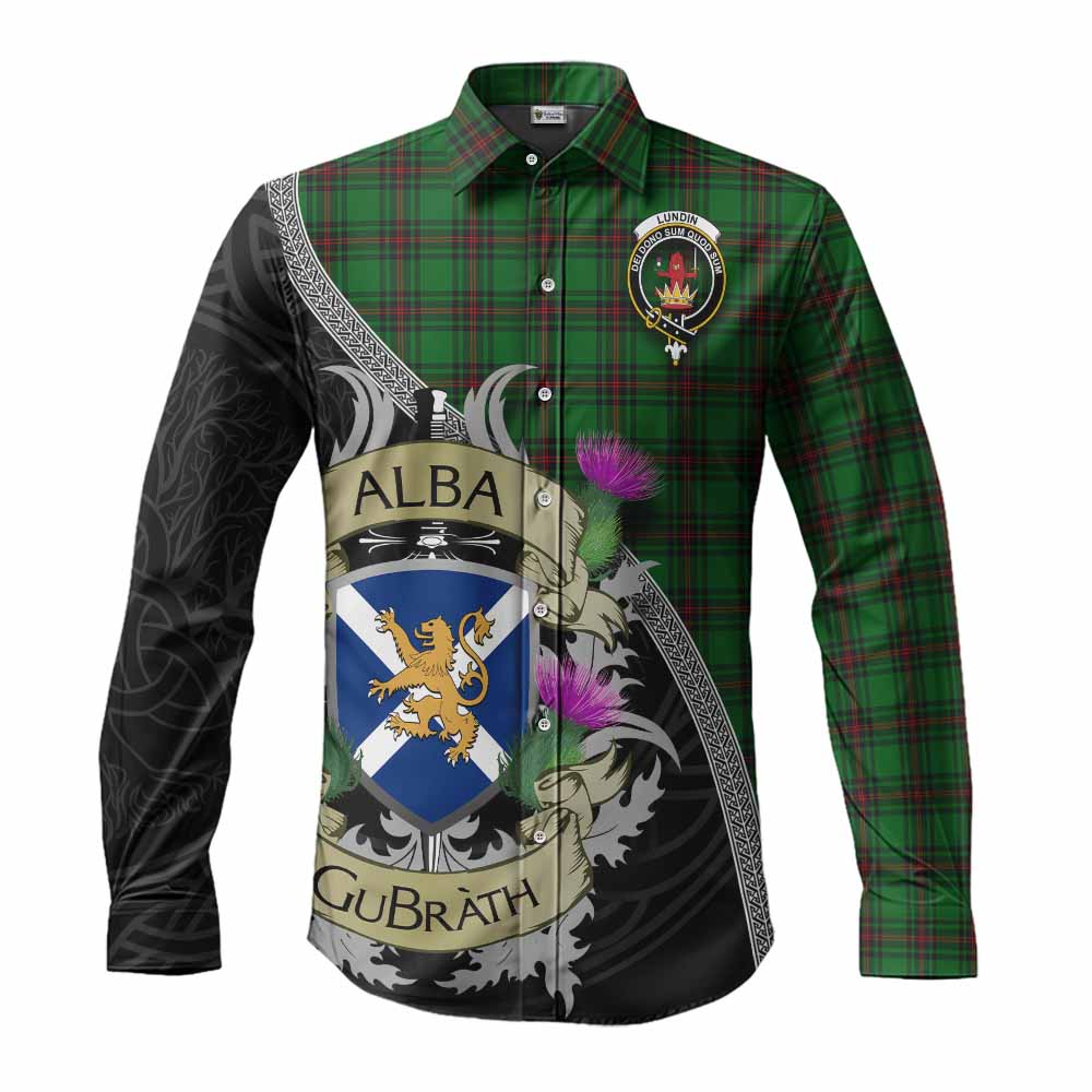 Lundin Tartan Family Crest Long Sleeve Button Shirt Lion Rampant Royal Thistle Shield Celtic Inspired Men's Shirt S - Tartan Vibes Clothing