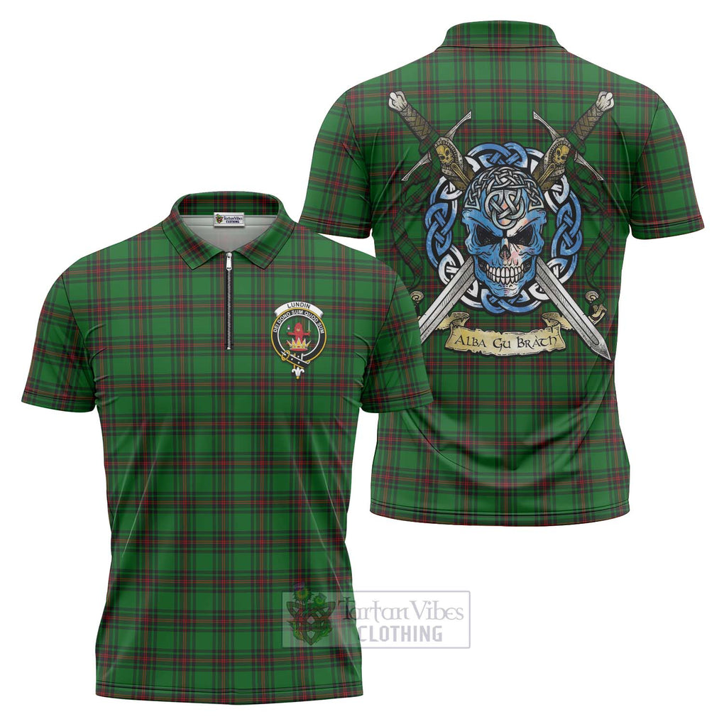 Lundin Tartan Zipper Polo Shirt with Family Crest Celtic Skull Style Unisex - Tartan Vibes Clothing