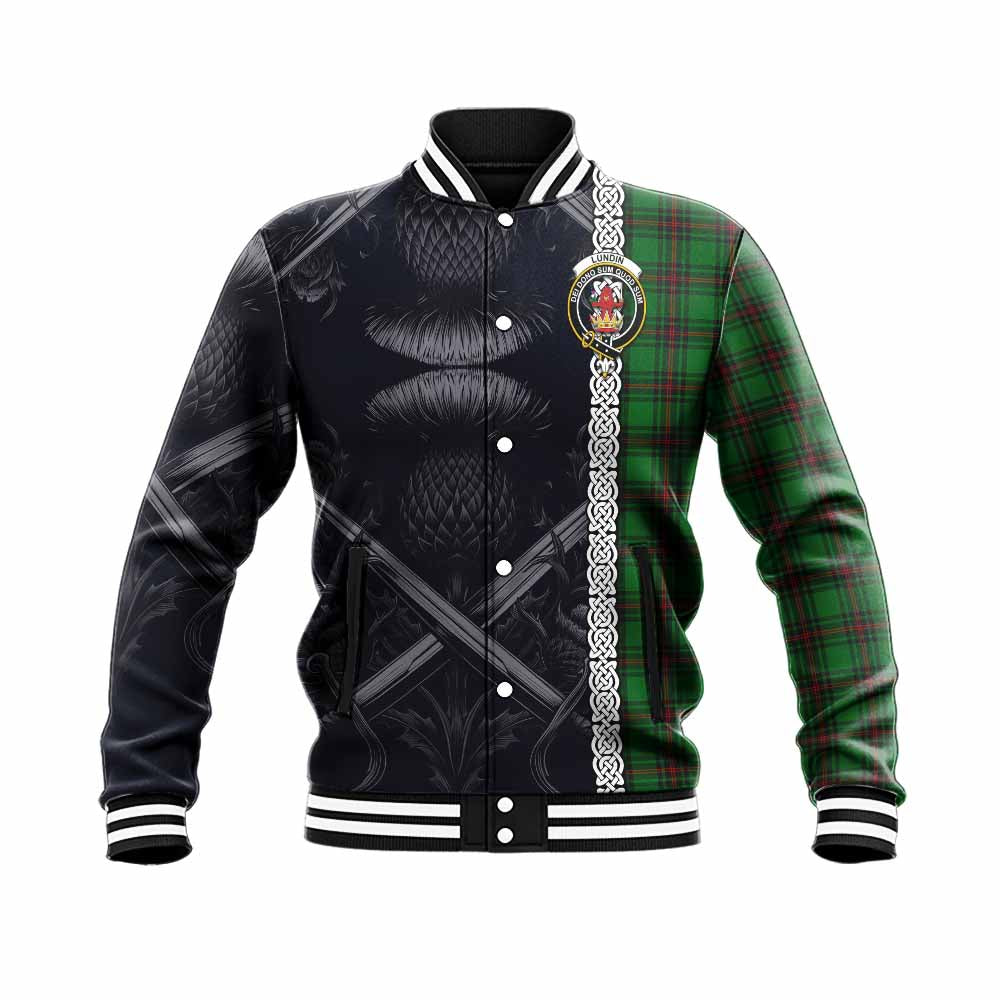 Lundin Tartan Baseball Jacket with Family Crest Cross Sword Thistle Celtic Vibes Unisex - Tartan Vibes Clothing