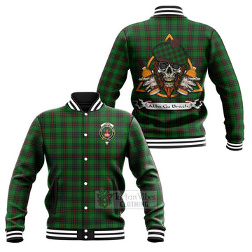 Lundin Tartan Baseball Jacket with Family Crest and Bearded Skull Holding Bottles of Whiskey Unisex - Tartan Vibes Clothing