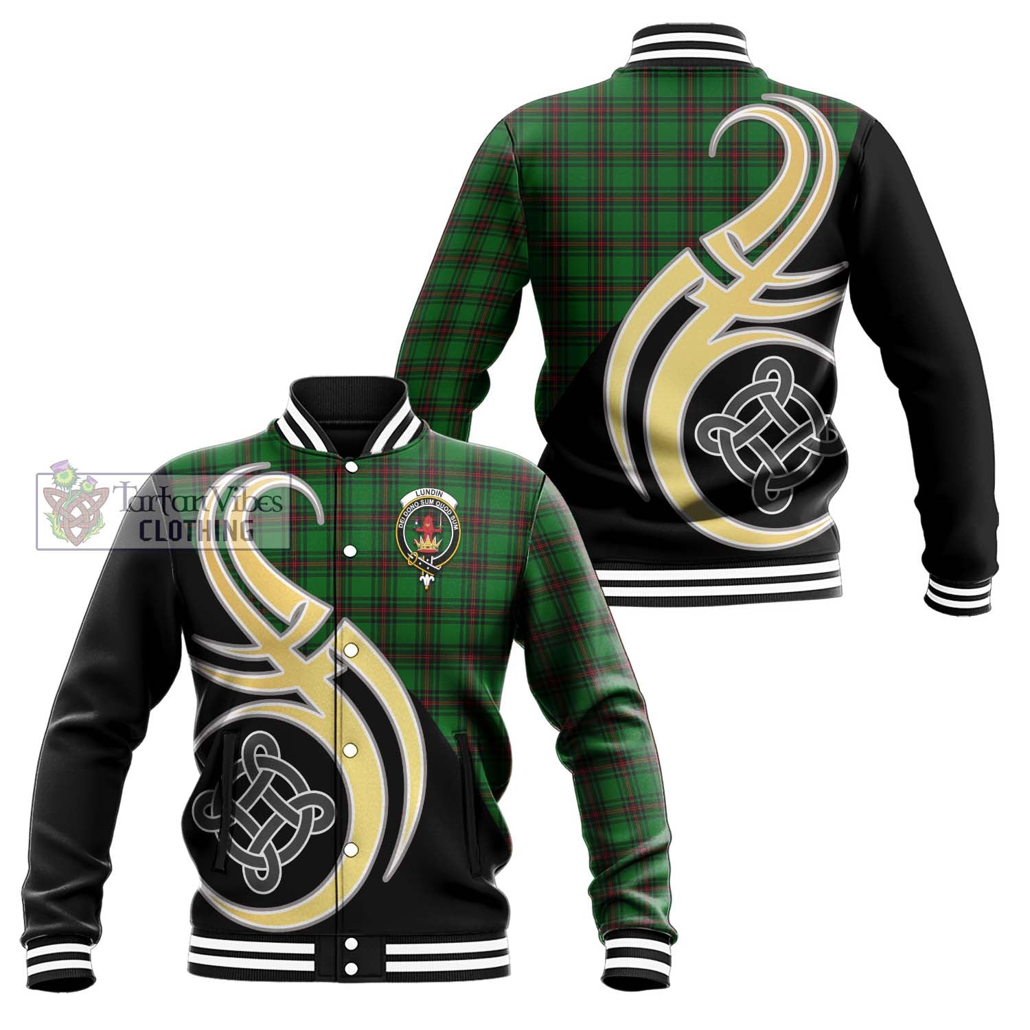 Lundin Tartan Baseball Jacket with Family Crest and Celtic Symbol Style Unisex - Tartan Vibes Clothing