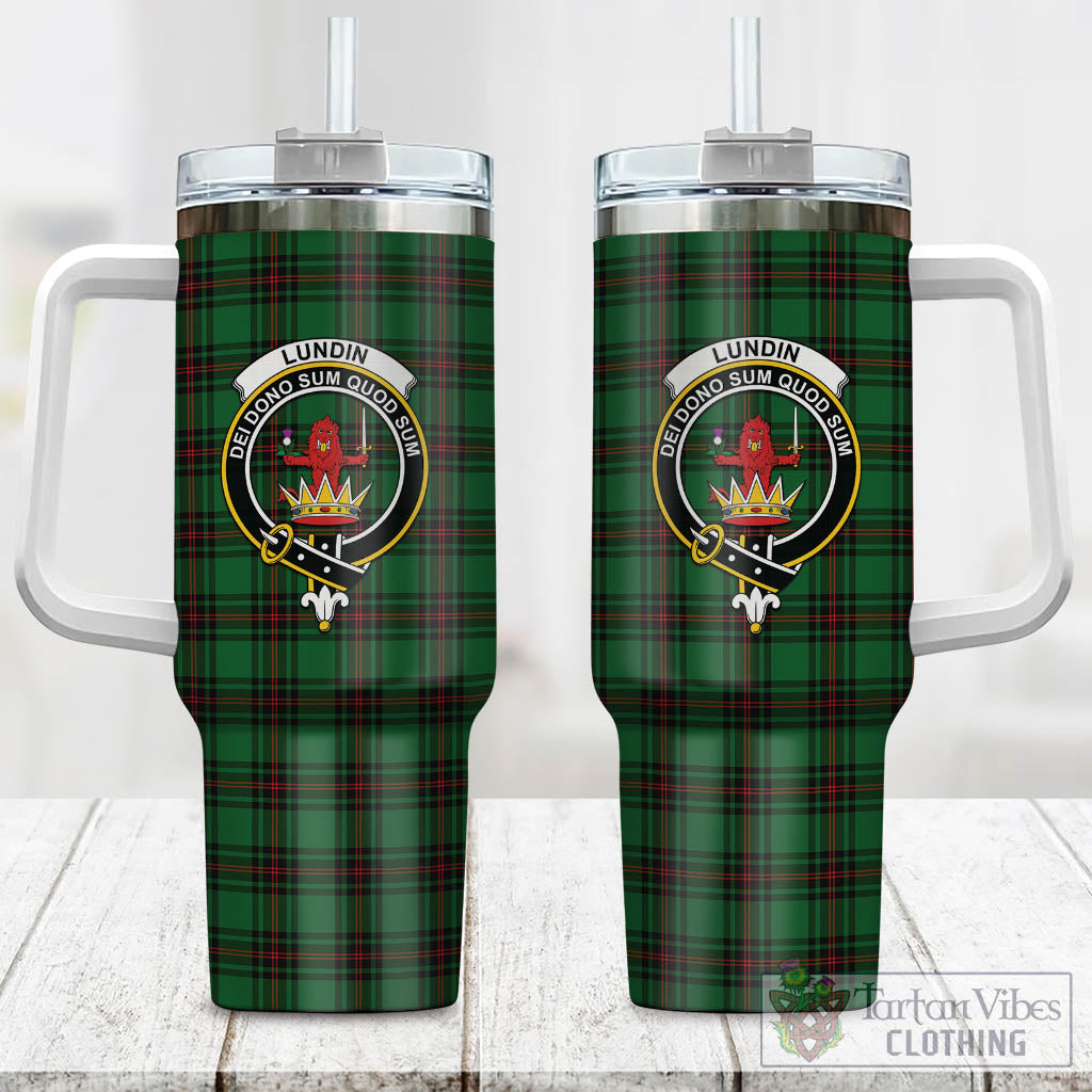 Lundin Tartan Tumbler with Handle with Family Crest One Size 40 OZ - Tartan Vibes Clothing