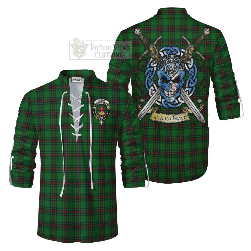 Lundin Tartan Ghillie Kilt Shirt with Family Crest Celtic Skull Style Men - Tartan Vibes Clothing