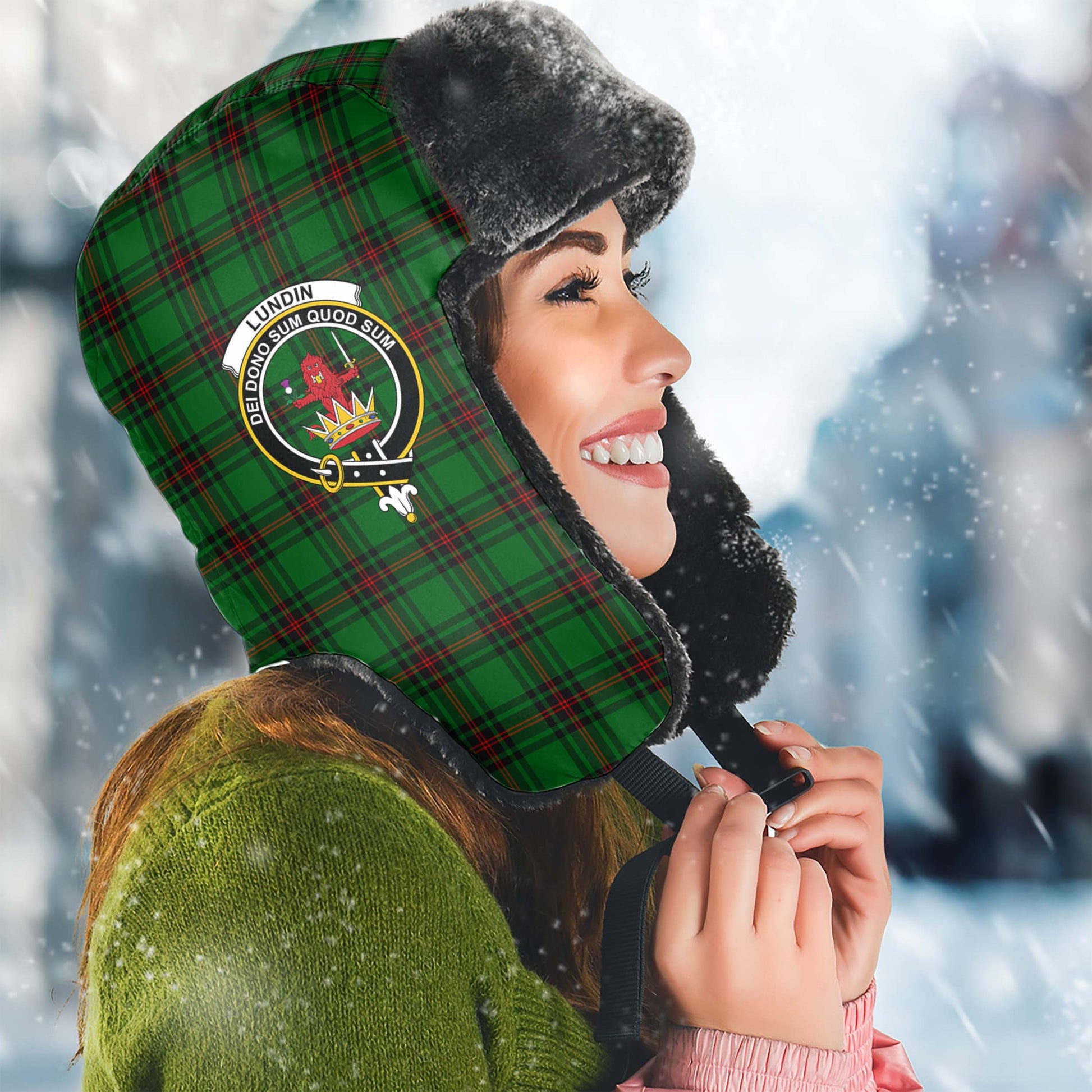 Lundin Tartan Winter Trapper Hat with Family Crest Winter Trapper Hat Universal Fit Circumference 22.8in (58cm) - Tartan Vibes Clothing