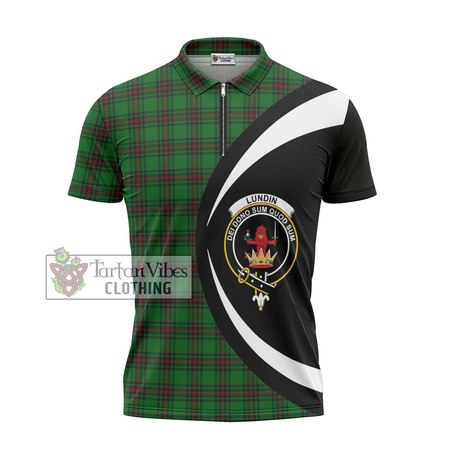 Lundin Tartan Zipper Polo Shirt with Family Crest Circle Style - Tartan Vibes Clothing