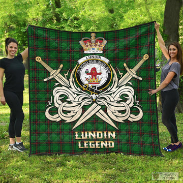 Lundin Tartan Quilt with Clan Crest and the Golden Sword of Courageous Legacy - Tartan Vibes Clothing