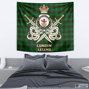 Lundin Tartan Tapestry with Clan Crest and the Golden Sword of Courageous Legacy - Tartan Vibes Clothing