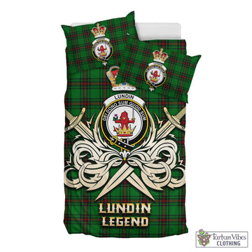 Tartan Vibes Clothing Lundin Tartan Bedding Set with Clan Crest and the Golden Sword of Courageous Legacy