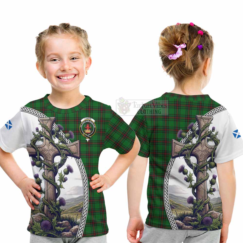 Tartan Vibes Clothing Lundin Tartan Kid T-Shirt with Family Crest and St. Andrew's Cross Accented by Thistle Vines