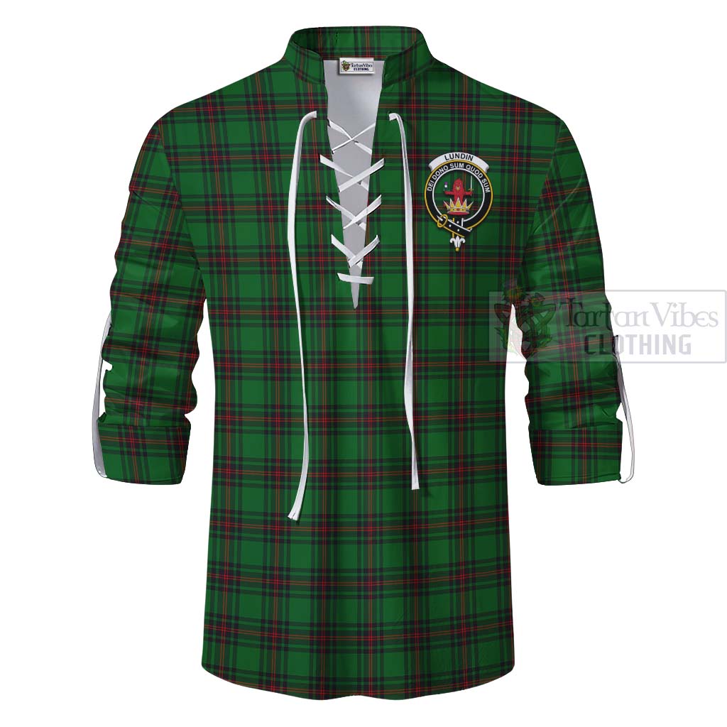 Lundin Tartan Ghillie Kilt Shirt with Family Crest Celtic Skull Style - Tartan Vibes Clothing