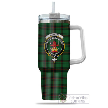 Lundin Tartan Tumbler with Handle with Family Crest - Tartan Vibes Clothing