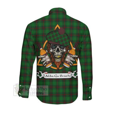 Lundin Tartan Long Sleeve Button Shirt with Family Crest and Bearded Skull Holding Bottles of Whiskey Men's Shirt - Tartan Vibes Clothing