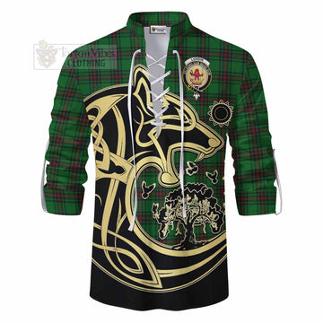 Lundin Tartan Ghillie Kilt Shirt with Family Crest Celtic Wolf Style - Tartan Vibes Clothing