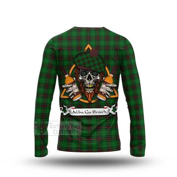 Lundin Tartan Long Sleeve T-Shirt with Family Crest and Bearded Skull Holding Bottles of Whiskey - Tartan Vibes Clothing