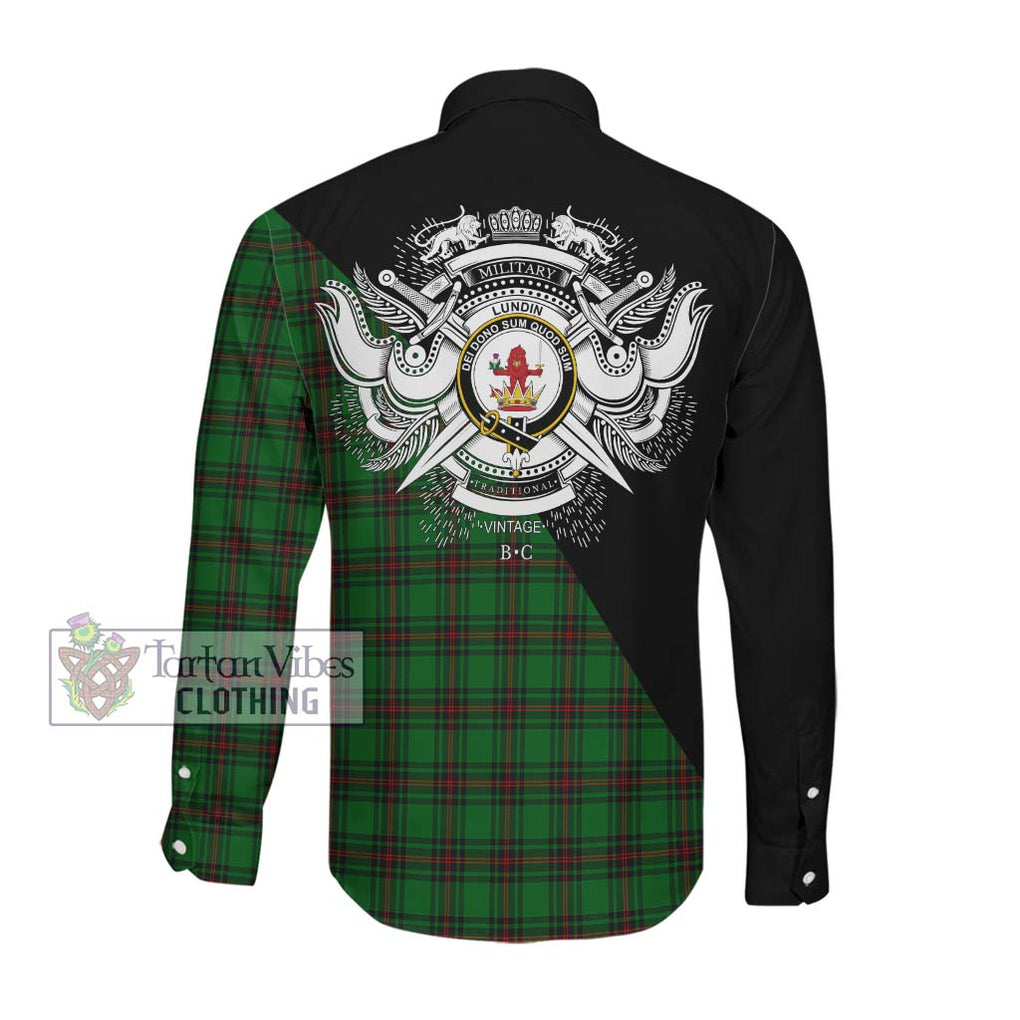 Lundin Tartan Long Sleeve Button Shirt with Family Crest and Military Logo Style Men's Shirt - Tartanvibesclothing Shop