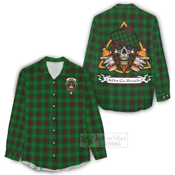 Lundin Tartan Women's Casual Shirt with Family Crest and Bearded Skull Holding Bottles of Whiskey - Tartan Vibes Clothing