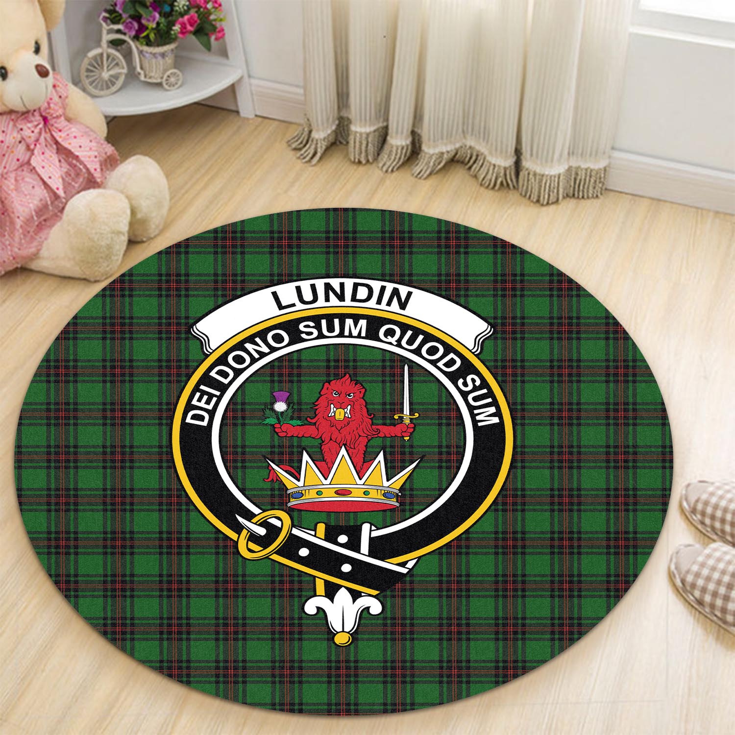Lundin Tartan Round Rug with Family Crest - Tartan Vibes Clothing
