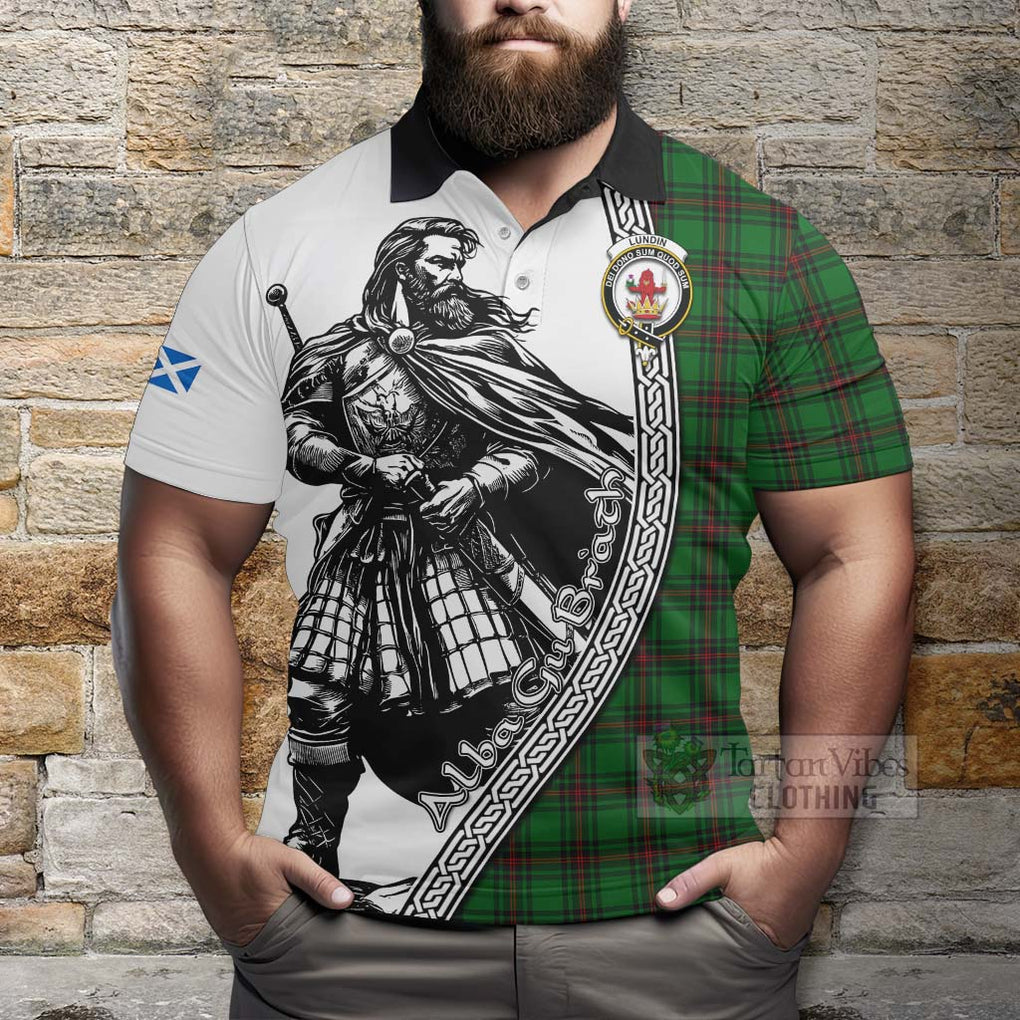 Lundin Tartan Clan Crest Polo Shirt with Highlander Warrior Celtic Style - Tartan Vibes Clothing