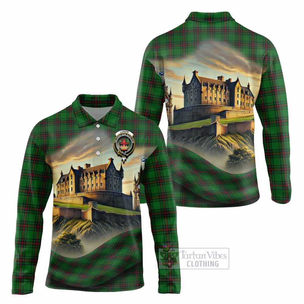 Lundin Tartan Family Crest Long Sleeve Polo Shirt with Scottish Ancient Castle Style - Tartan Vibes Clothing