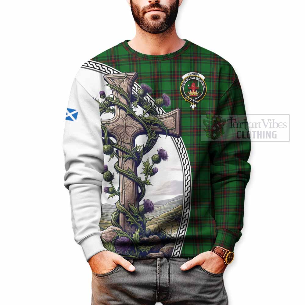 Lundin Tartan Sweatshirt with Family Crest and St. Andrew's Cross Accented by Thistle Vines - Tartan Vibes Clothing