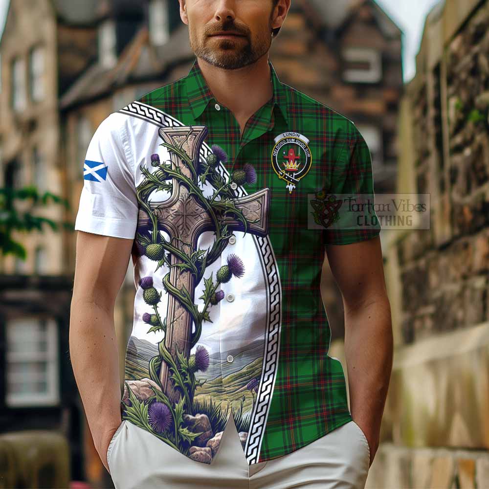 Tartan Vibes Clothing Lundin Tartan Short Sleeve Button Shirt with Family Crest and St. Andrew's Cross Accented by Thistle Vines