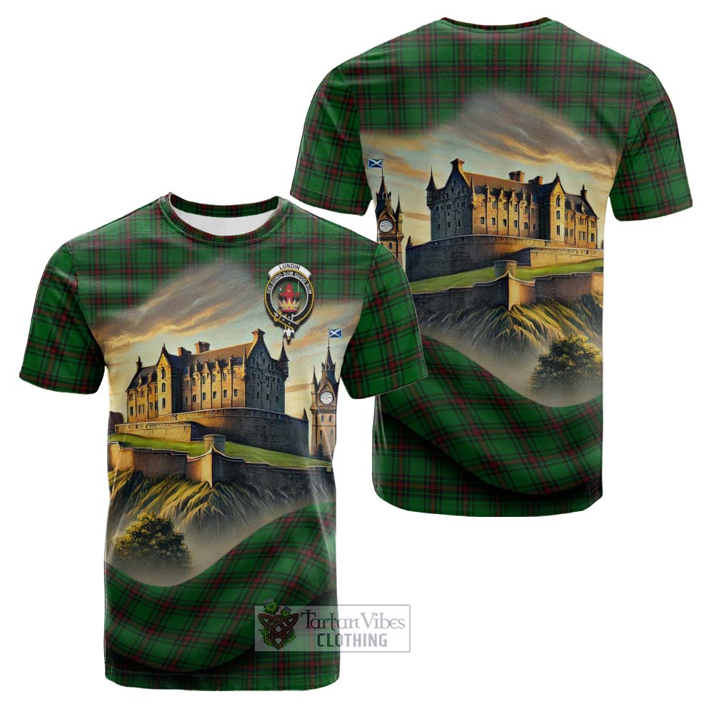 Tartan Vibes Clothing Lundin Tartan Family Crest Cotton T-shirt with Scottish Ancient Castle Style
