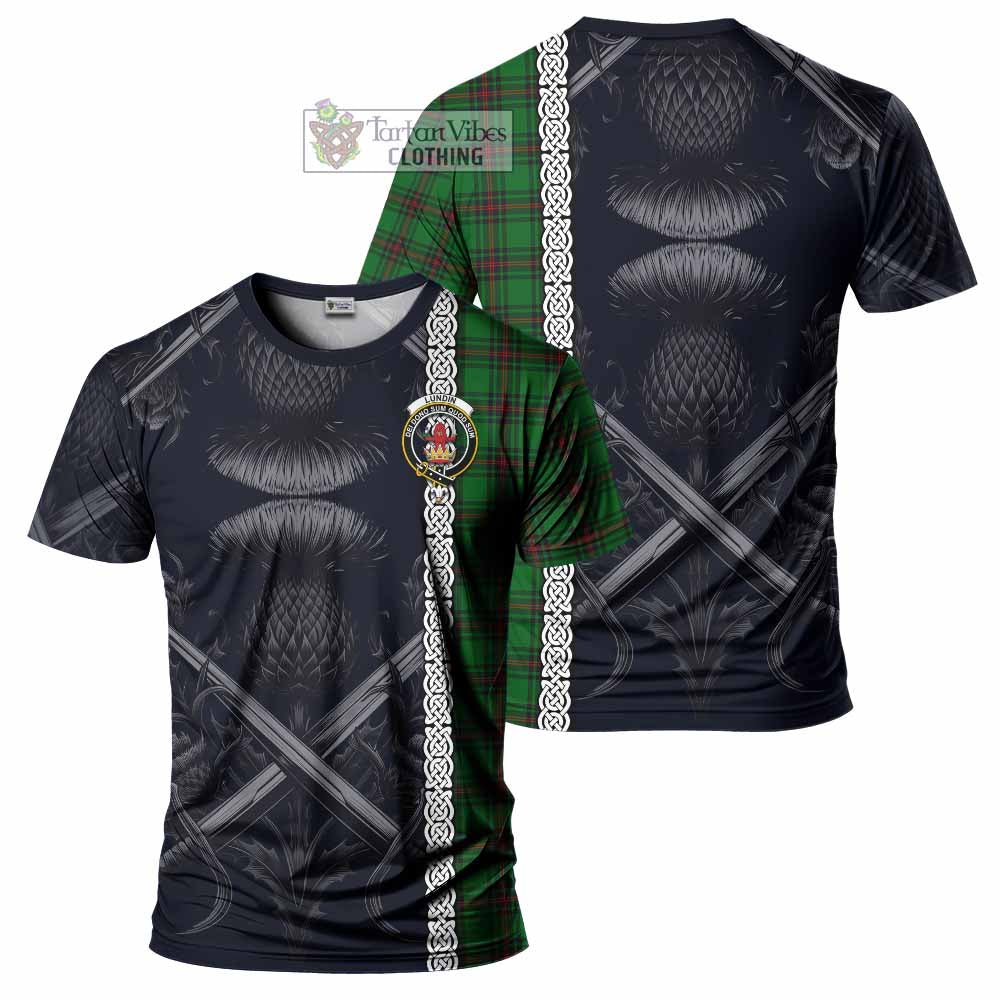 Lundin Tartan T-Shirt with Family Crest Cross Sword Thistle Celtic Vibes - Tartan Vibes Clothing