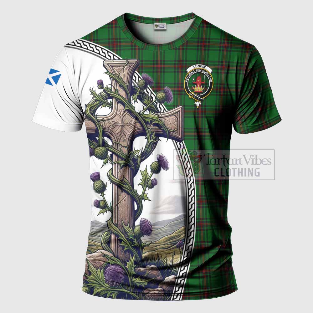 Tartan Vibes Clothing Lundin Agnew Tartan T-Shirt with Family Crest and St. Andrew's Cross Accented by Thistle Vines