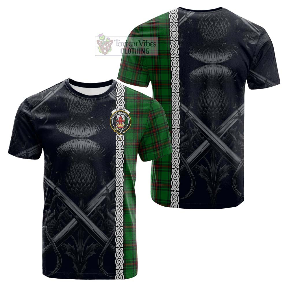 Lundin Tartan Cotton T-shirt with Family Crest Cross Sword Thistle Celtic Vibes - Tartan Vibes Clothing