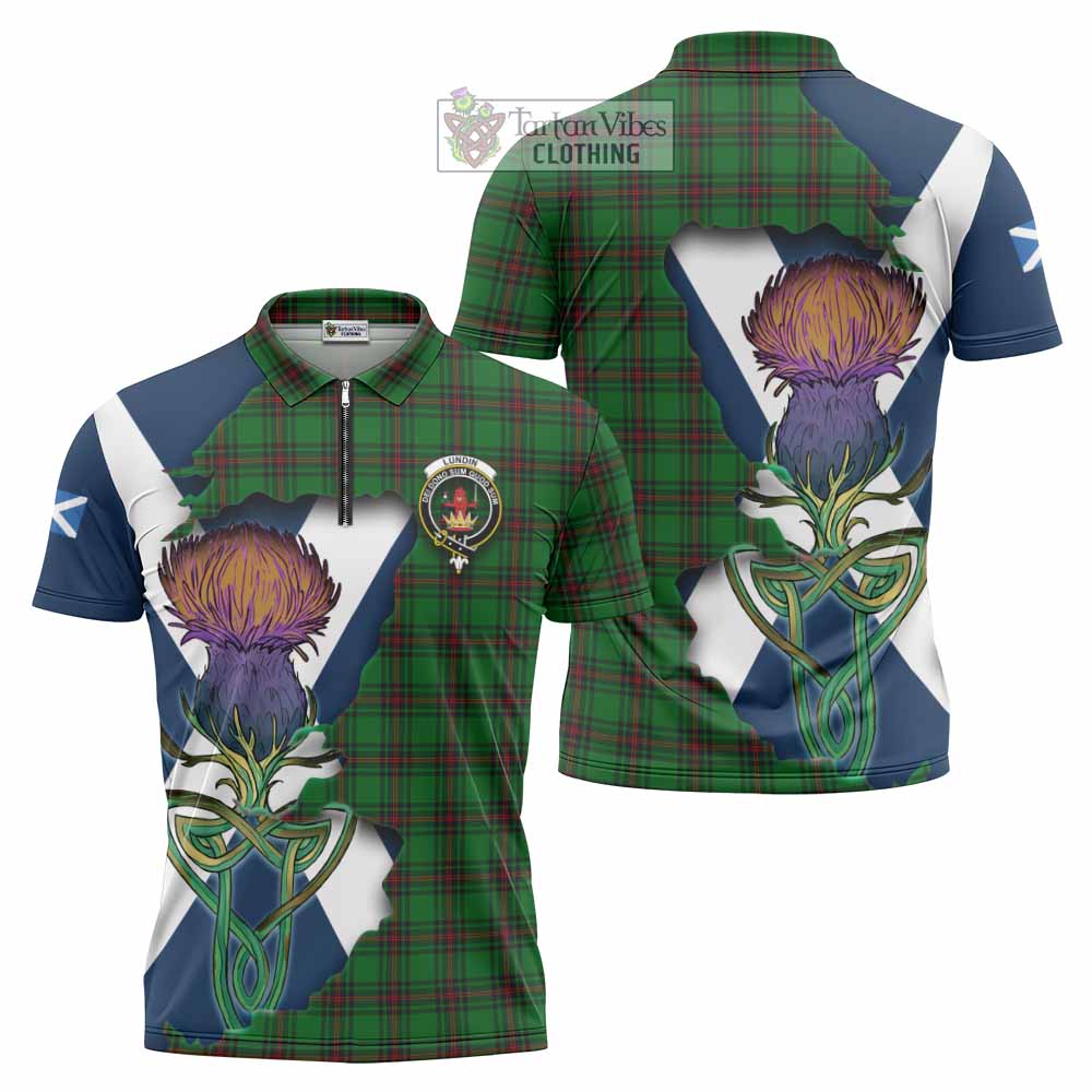 Lundin Tartan Family Crest Zipper Polo Shirt Scottish Thistle Celtic Inspired - Tartan Vibes Clothing