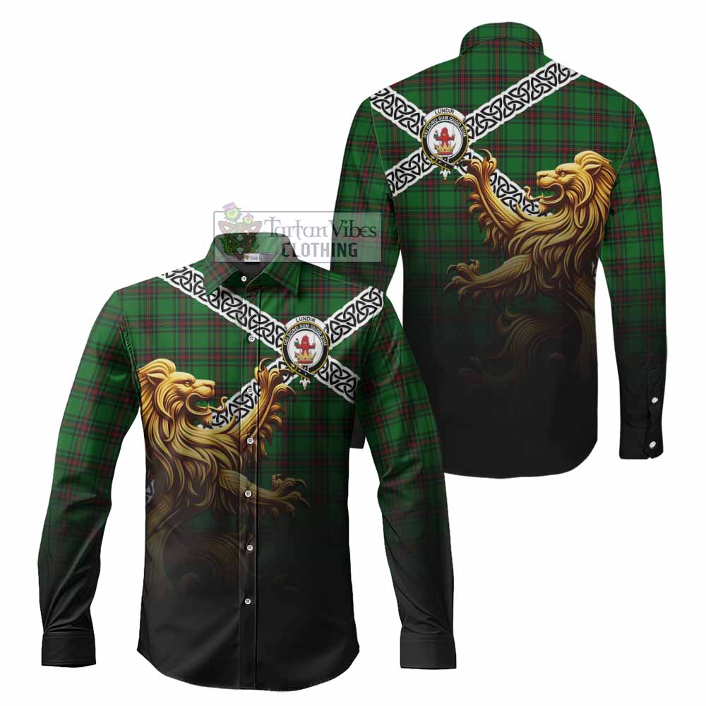 Lundin Crest Tartan Long Sleeve Button Shirt with Golden Lion Emblem Celtic Style - Tartan Vibes Clothing