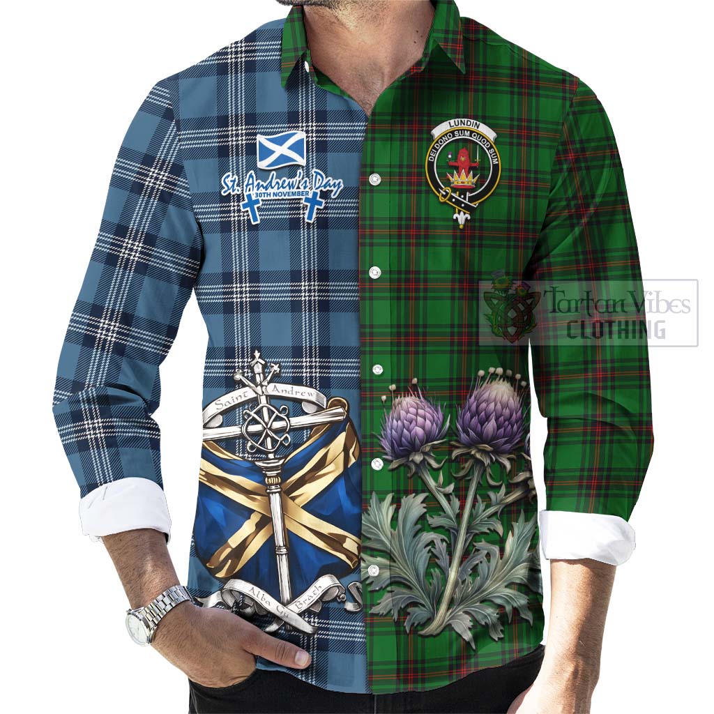 Lundin Tartan Long Sleeve Button Shirt Happy St. Andrew's Day Half Tartan Style - Tartan Vibes Clothing