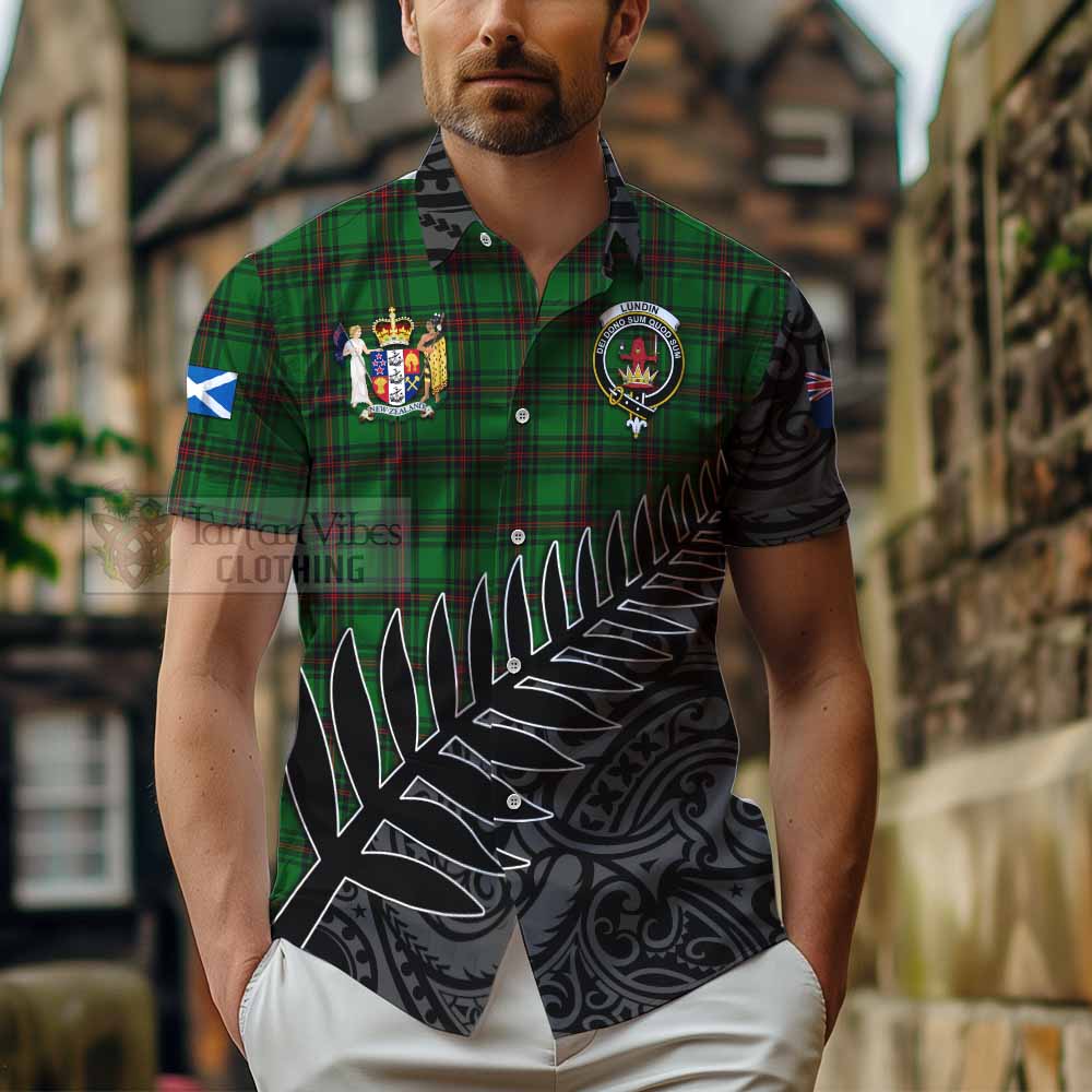 Lundin Crest Tartan Hawaiian Shirt with New Zealand Silver Fern Half Style - Tartan Vibes Clothing