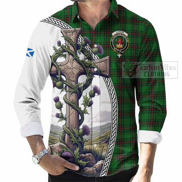 Tartan Vibes Clothing Lundin Tartan Long Sleeve Button Shirt with Family Crest and St. Andrew's Cross Accented by Thistle Vines