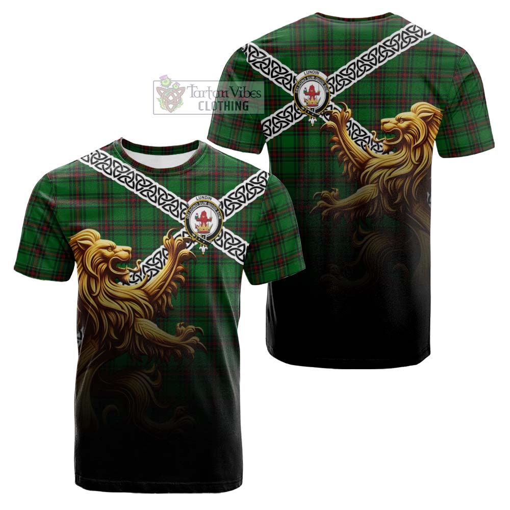 Lundin Crest Tartan Cotton T-shirt with Golden Lion Emblem Celtic Style - Tartan Vibes Clothing