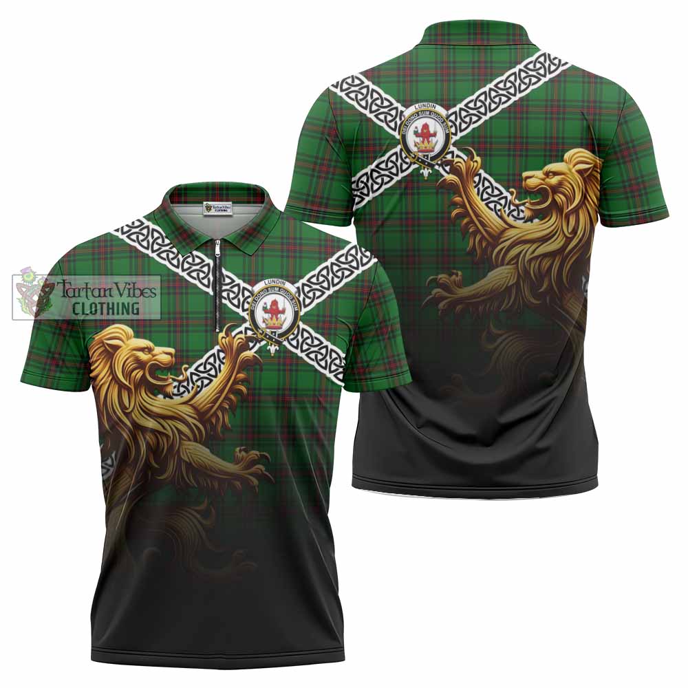 Lundin Crest Tartan Zipper Polo Shirt with Golden Lion Emblem Celtic Style - Tartan Vibes Clothing