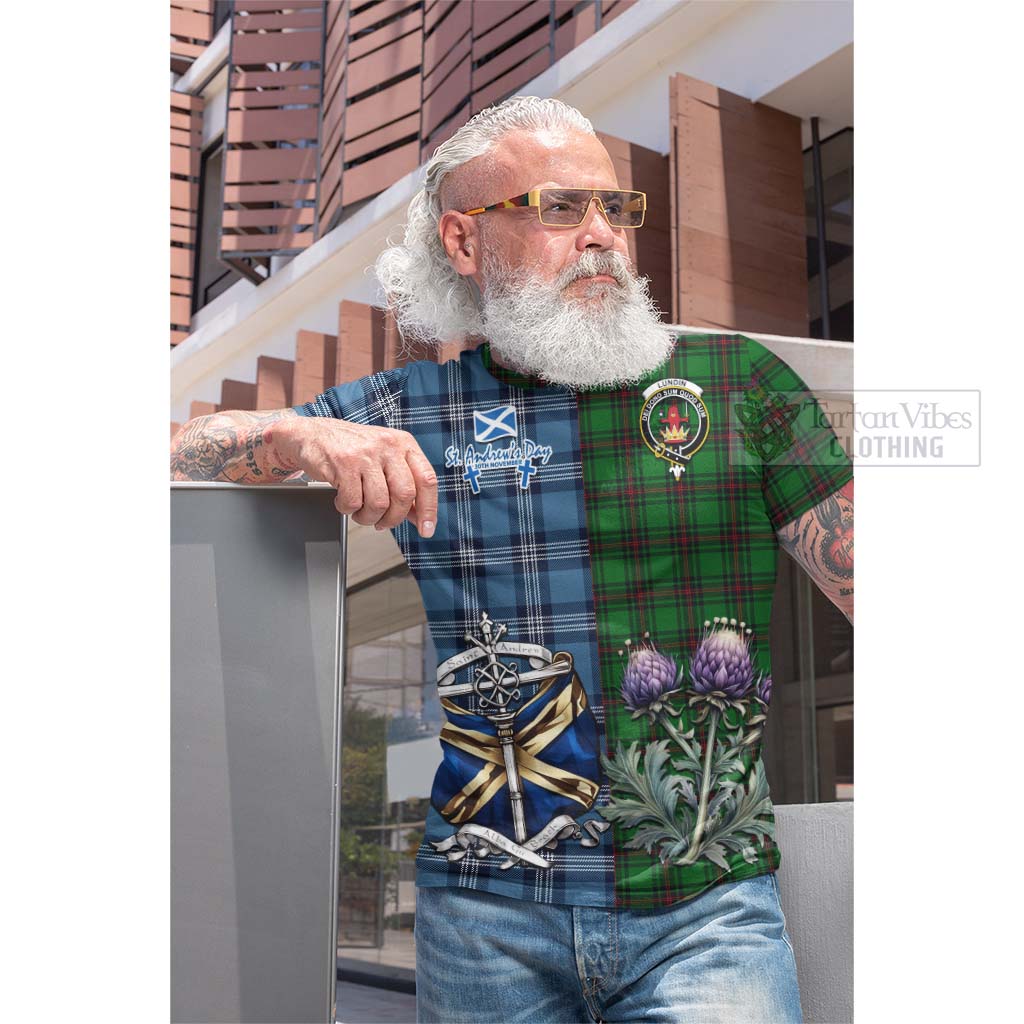 Lundin Tartan Cotton T-shirt Happy St. Andrew's Day Half Tartan Style - Tartan Vibes Clothing