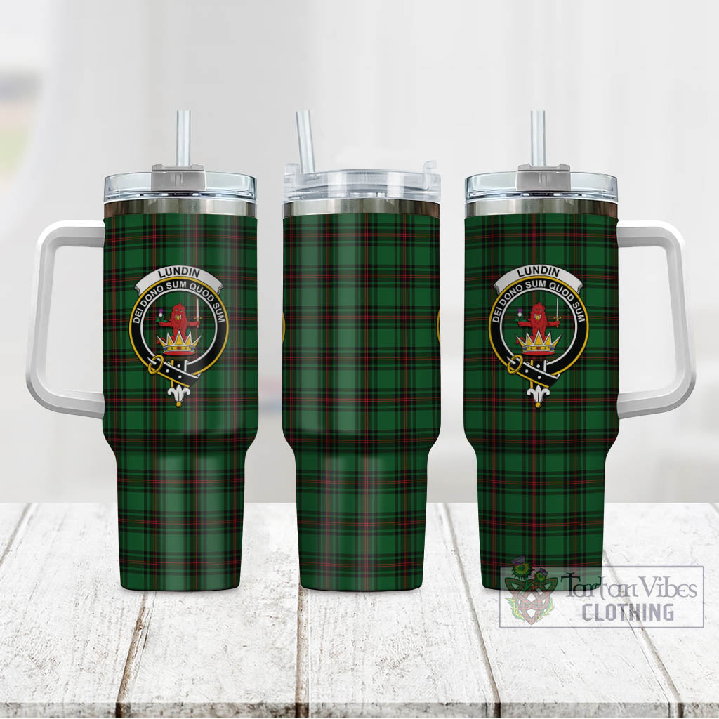 Lundin Tartan Tumbler with Handle with Family Crest - Tartan Vibes Clothing