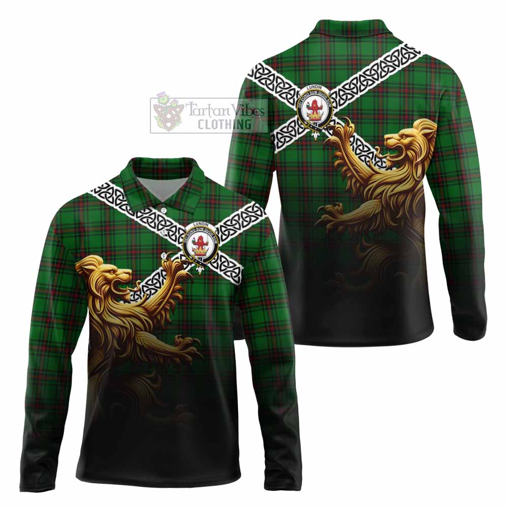 Lundin Crest Tartan Long Sleeve Polo Shirt with Golden Lion Emblem Celtic Style - Tartan Vibes Clothing