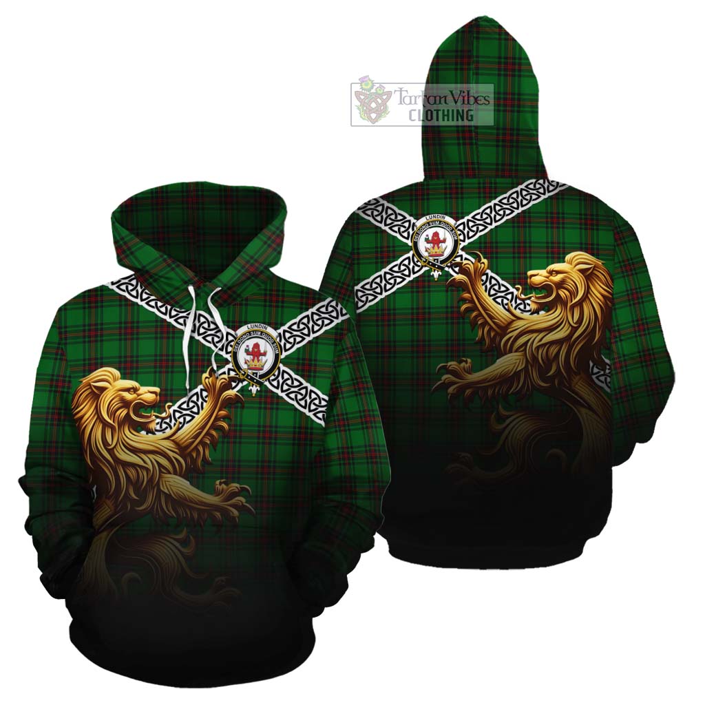Lundin Crest Tartan Cotton Hoodie with Golden Lion Emblem Celtic Style - Tartan Vibes Clothing