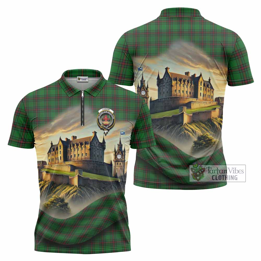 Lundin Tartan Family Crest Zipper Polo Shirt with Scottish Ancient Castle Style - Tartan Vibes Clothing