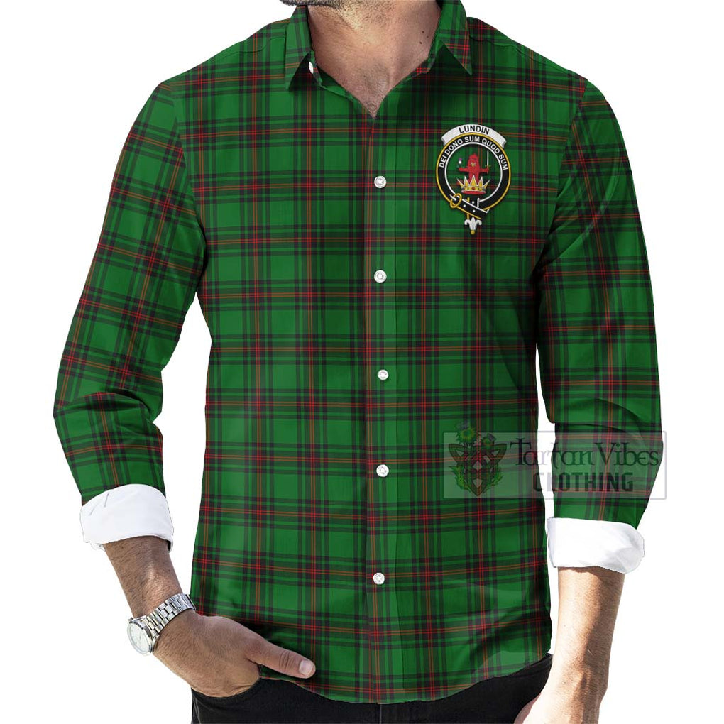 Lundin Tartan Long Sleeve Button Shirt with Family Crest Celtic Skull Style - Tartan Vibes Clothing